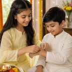 A young girl in a pale yellow traditional outfit and a boy in a white kurta are shown indoors, with the girl applying a small 925 silver sunflower charm chain bracelet rakhi by CHAKORE to the boy's wrist.