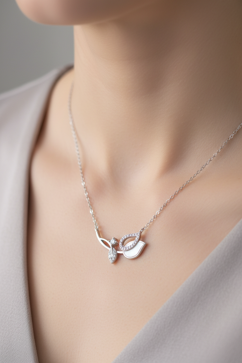 925 Sterling Silver asymmetrical leaf necklace by  CHAKORE - Worn at neckline close-up