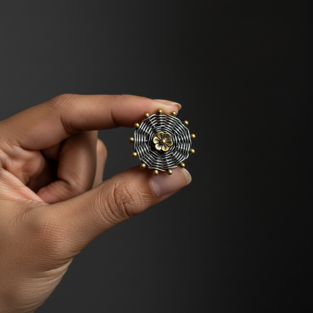 Oxidised 925 silver stud earrings with brass gold flower centre and bead border held between fingers for size reference — CHAKORE handcrafted silver jewellery