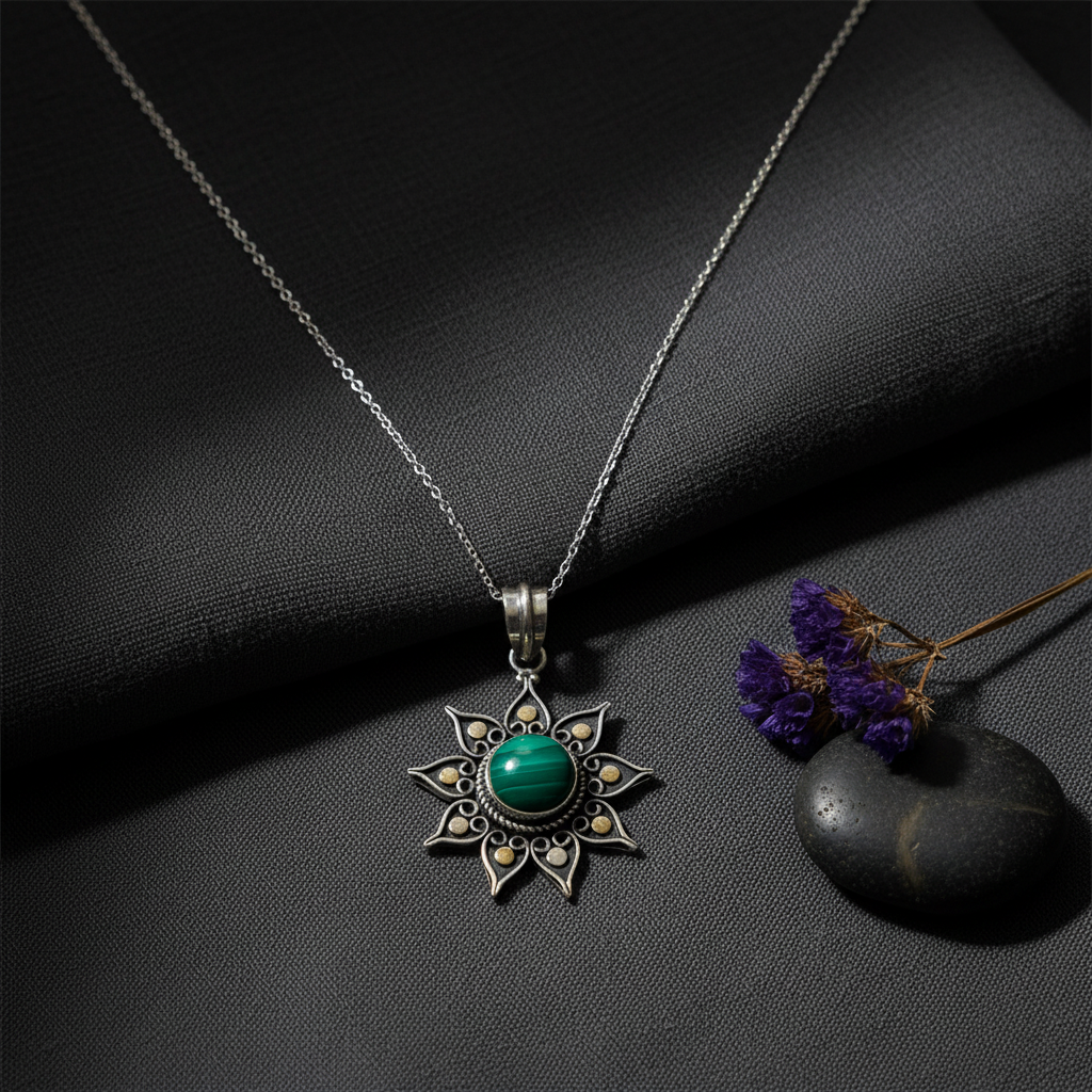 925 oxidised silver green onyx  sun pendant necklace flat lay on dark charcoal linen — handcrafted silver jewelry by CHAKORE