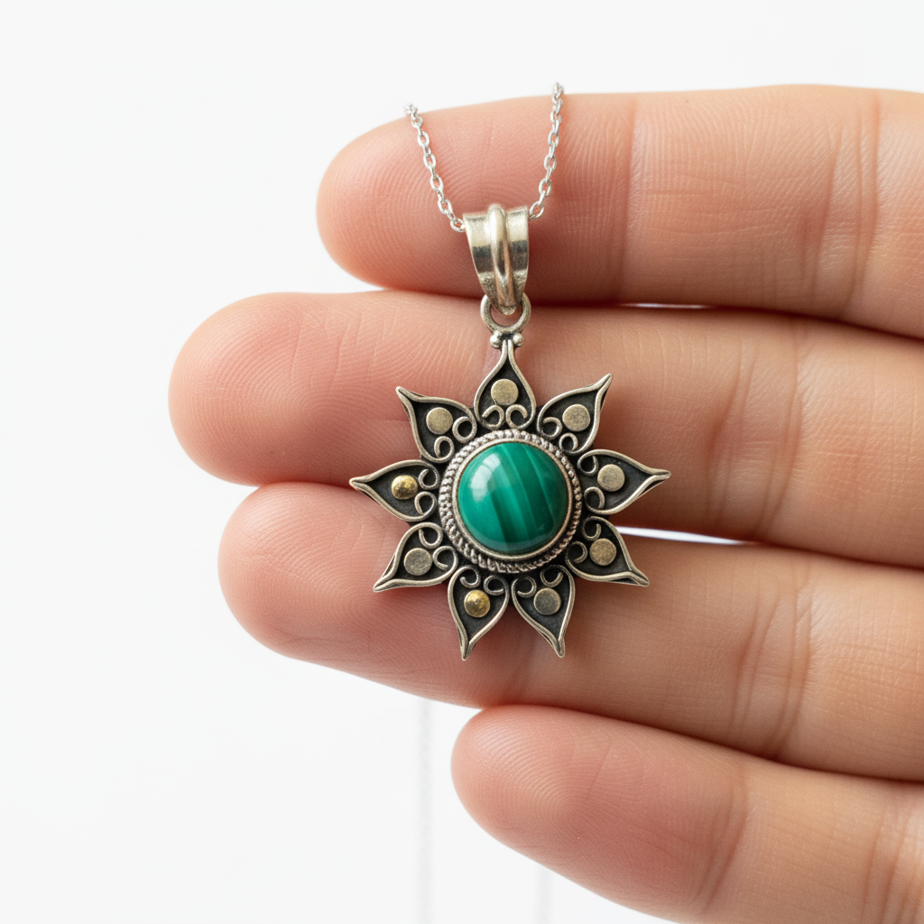 925 oxidised silver malachite sun pendant necklace held between fingers showing size and intricate detailing by CHAKORE