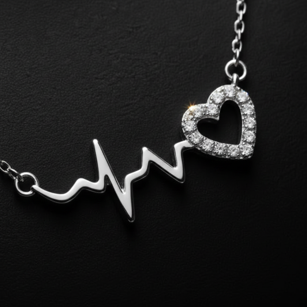 A 925 sterling silver rhodium polished necklace by CHAKORE featuring an EKG heartbeat line pendant that transitions into a heart-shaped halo encrusted with small clear stones, shown on a dark textured background.