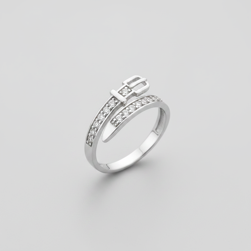 925 sterling silver CZ belt buckle ring on grey background.
