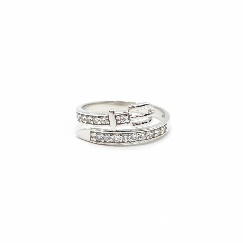 925 sterling silver belt buckle cubic zirconia ring on white background – editorial product photo
