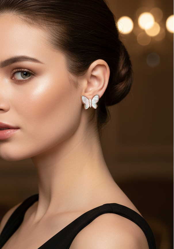 Rose Gold 925 Sterling Silver Butterfly Stud Earrings – Worn On-Model in Black Evening Dress, Party Lifestyle
