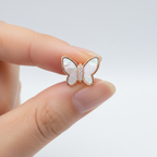 925 Sterling Silver Rose Gold Butterfly Stud Earring Held Between Fingers – Size Reference Close-Up