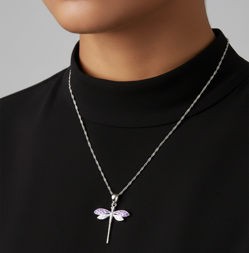 925 Sterling Silver Dragonfly Pendant Necklace on Black High Neck – Purple Enamel Silver Jewellery for Women