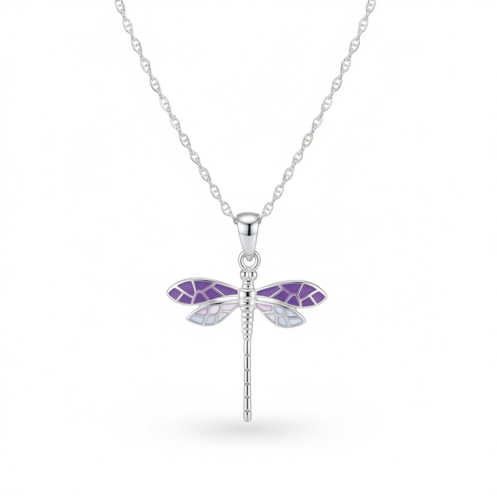 925 Sterling Silver Dragonfly Pendant Necklace with Purple Enamel Wings – Minimalist Jewelry Gift for Women

