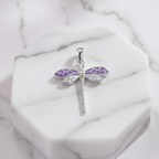 925 Sterling Silver Dragonfly Pendant Close-up Flat Lay on Marble – Purple White Enamel, Handcrafted Silver Charm