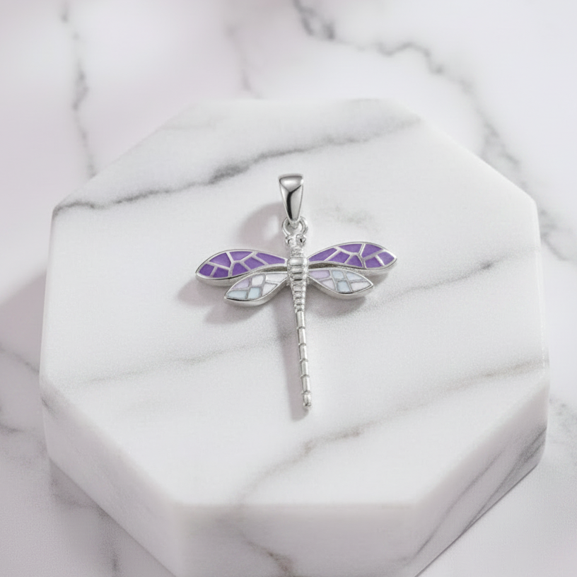 925 Sterling Silver Dragonfly Pendant Close-up Flat Lay on Marble – Purple White Enamel, Handcrafted Silver Charm