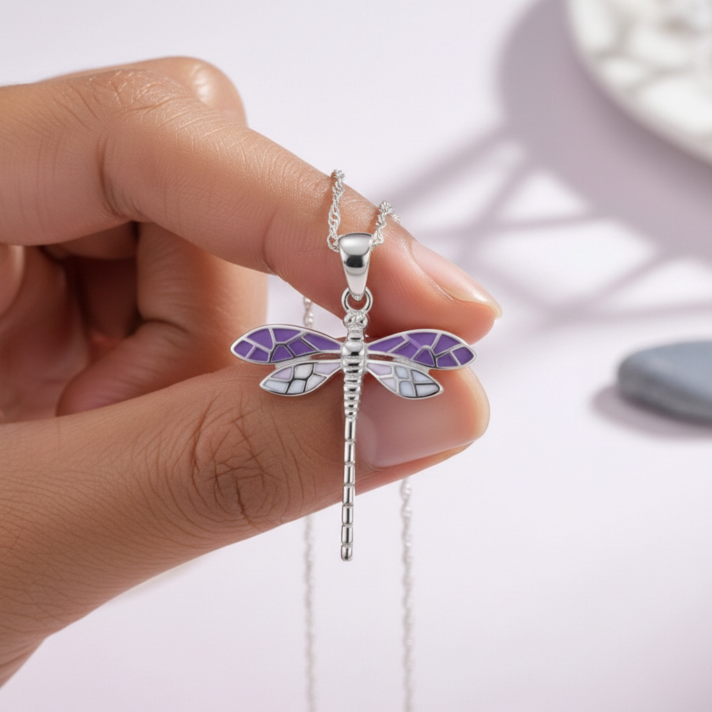 925 Sterling Silver Dragonfly Pendant Size Reference – Handcrafted Purple Enamel Silver Jewelry.