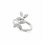 925 silver adjustable floral ring angled at 45 degrees showing face and band detail with CZ marquise petals.