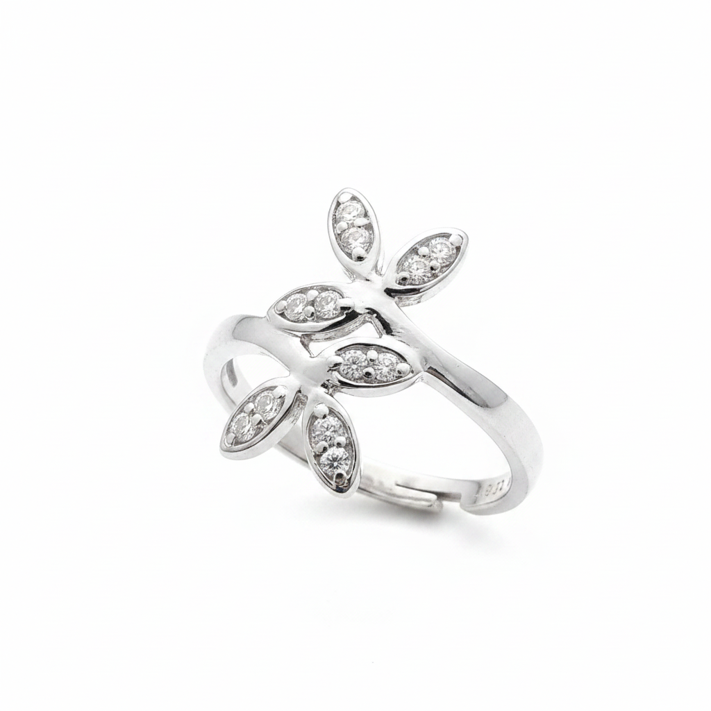 925 silver adjustable floral ring angled at 45 degrees showing face and band detail with CZ marquise petals.