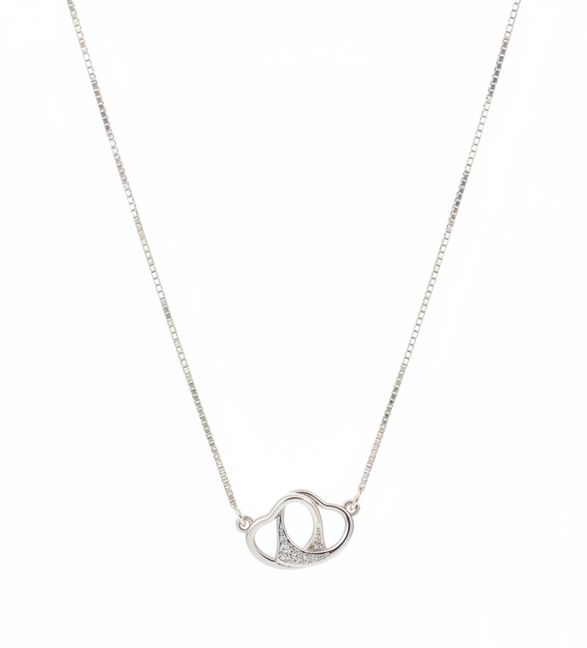 925 sterling silver free-moving interlocked open hearts necklace hanging vertically on white background – double heart pendant with individual bails and box chain
