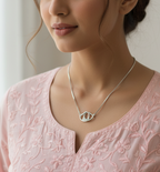 925 Sterling Silver Interlocked Hearts Necklace by CHAKORE on an Indian model  wearing Light Pink Chikankari.
