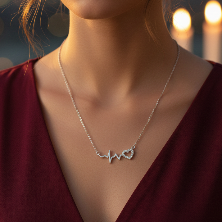 A close-up lifestyle shot of a woman wearing a 925 sterling silver necklace with a custom nameplate pendant that spells out 'ANVD' with a heartbeat line design. She is wearing a deep burgundy wrap dress, and the background features a soft, warm bokeh of lights.