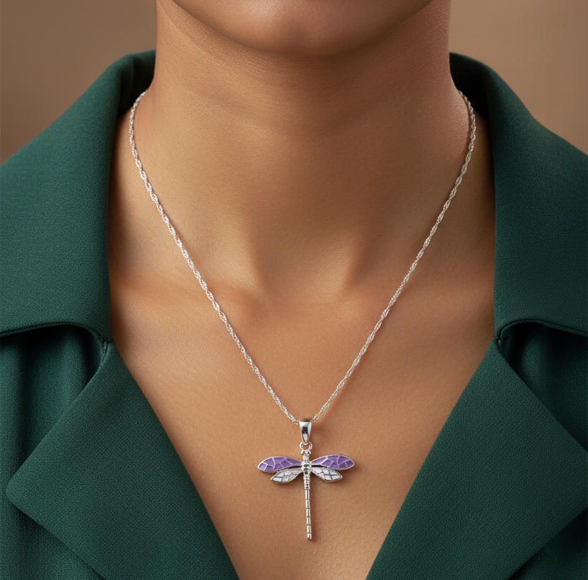 925 Sterling Silver Dragonfly Pendant Necklace – Purple Enamel, Styled on Dark Elegant Top, Gift Jewellery for Her