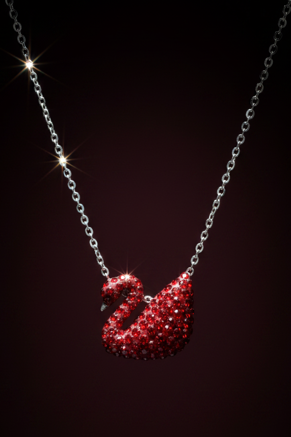 925 Sterling Silver Red swan-shaped pendant necklace on a dark background by CHAKORE