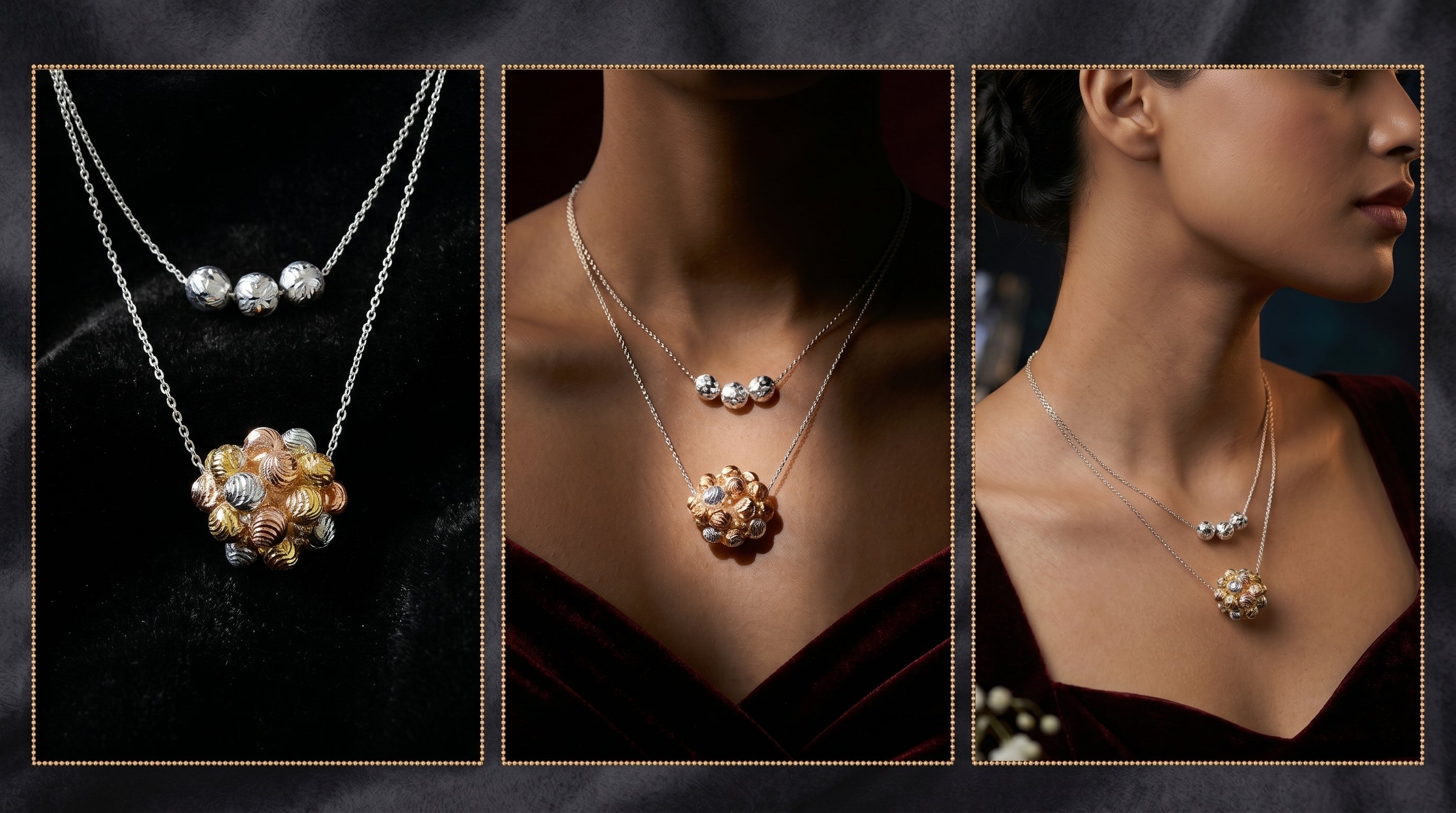 925 sterling silver tri color layered orbit necklace by CHAKORE. Three views of a necklace with an orbit pendant on a dark background