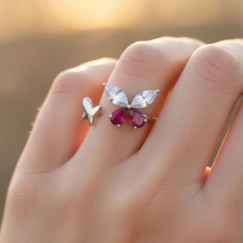 925 Sterling Silver Butterfly Ring on Little Finger Golden Hour by CHAKORE
