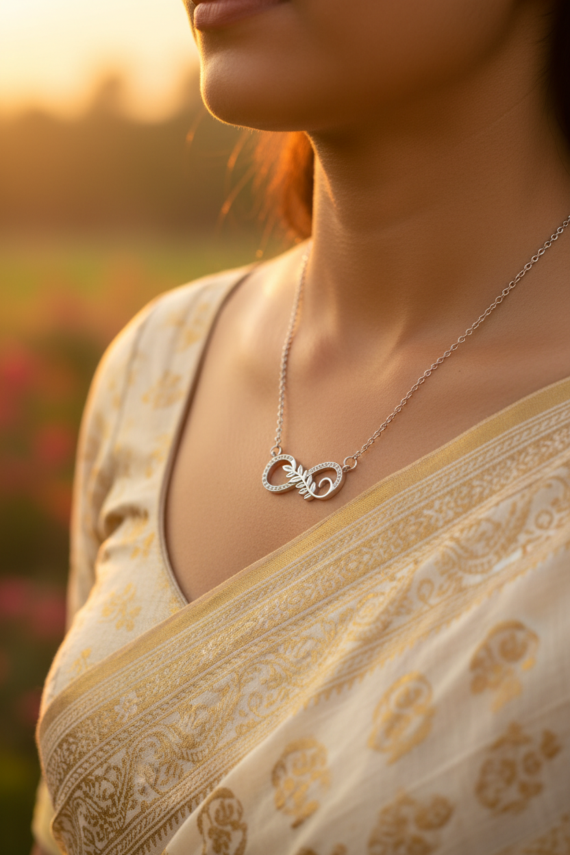 A 925 sterling silver necklace featuring a horizontal infinity symbol intertwined with a polished leaf vine. Half of the infinity loop is accented with clear crystals.Worn with indian saree golden hour. Minimalist Indian D2C jewelry, infinity leaf necklace, everyday modern styling.