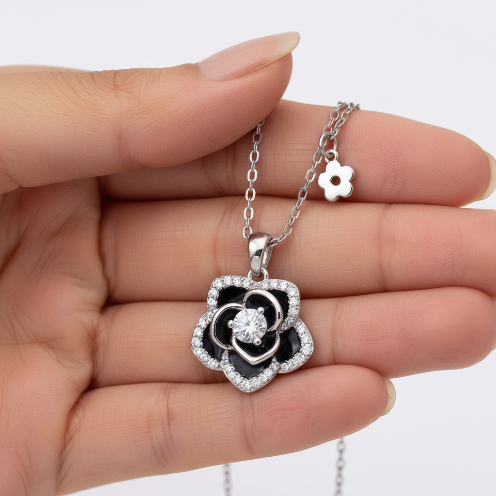 Black Rosette 925 Sterling Silver Necklace size reference – pendant dimensions – CHAKORE
