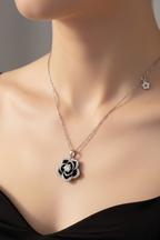 Black Rosette 925 Sterling Silver Necklace worn at neckline – lifestyle styling – CHAKORE