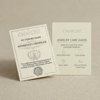 Chakore 925 Sterling Silver authenticity certificate and jewelry care guide on a beige background