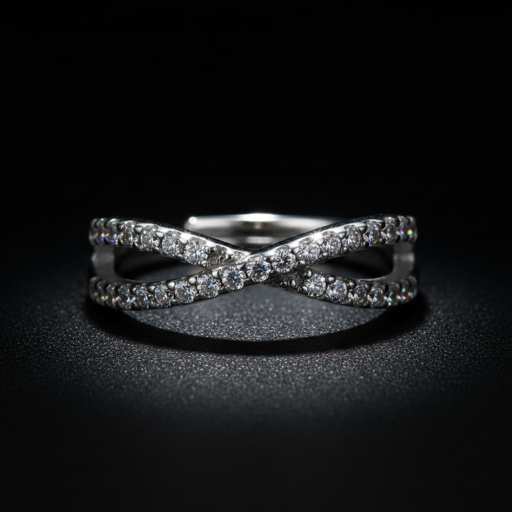 Crossover Infinity 925 Sterling Silver Ring with Pave CZ Stones – Adjustable Band | CHAKORE Moody noir editorial