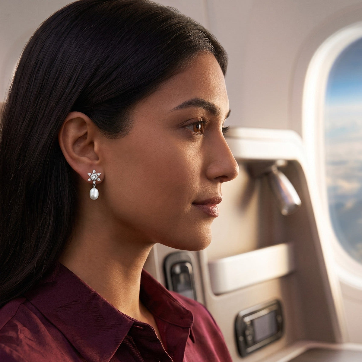 A woman in a maroon collared shirt wearing a silver and pearl dangle earring by CHAKORE, pictured in profile looking out an airplane window.