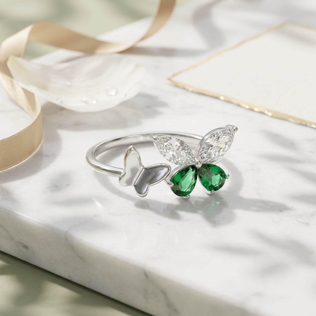 Crystal Green Butterfly 925 Silver Ring