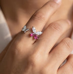 Crystal Pink Butterfly 925 Silver Ring | Adjustable Open Band