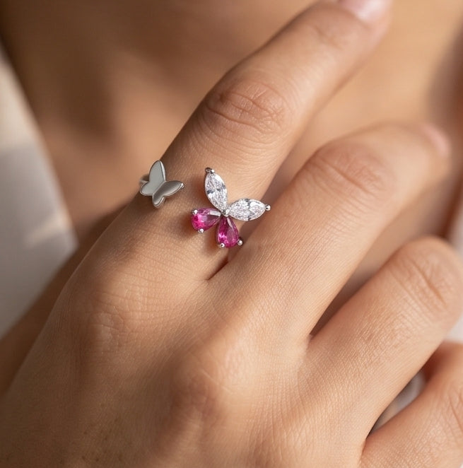 Crystal Pink Butterfly 925 Silver Ring | Adjustable Open Band