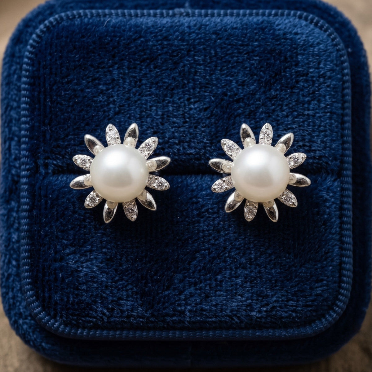 Sunburst Crystal Freshwater Pearl 925 Silver Stud Earrings