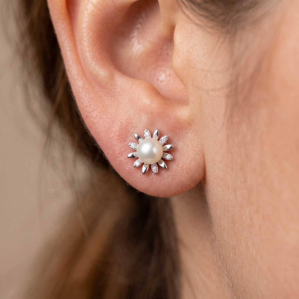 Sunburst Crystal Freshwater Pearl 925 Silver Stud Earrings