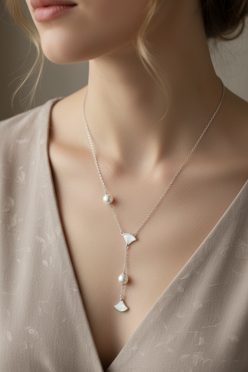 Asymmetric 925 silver Necklace by CHAKORE with pearls and GinkgoFan leaves pendants Worn at Neckline