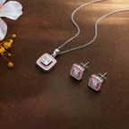Matching square pendant necklace and stud earrings jewelry set, solid 925 sterling silver with vibrant pink cold enamel inlay bordering a central square-cut brilliant cubic zirconia stone. Minimalist, geometric design, geo jewelry, high-polish finish