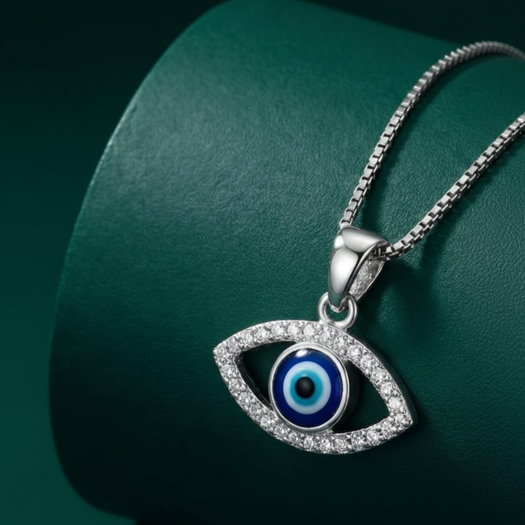 A 925 sterling silver evil eye pendant featuring a striking blue and black center surrounded by a clear crystal border. The polished pendant features a smooth top loop, displayed gracefully over a dark green background. Minimalist Indian D2C jewelry, standalone protective charm, everyday modern styling.