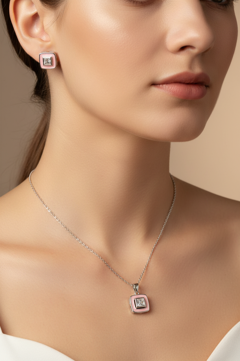 Matching square pendant necklace and stud earrings jewelry set, solid 925 sterling silver with vibrant pink cold enamel inlay bordering a central square-cut brilliant cubic zirconia stone. Minimalist, geometric design,high-polish finish worn on Neckline with Earrings