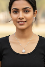 Matching square pendant necklace and stud earrings jewellery set, solid 925 sterling silver with vibrant pink cold enamel inlay bordering a central square-cut brilliant cubic zirconia stone. Minimalist, geometric design,  high-polish finish worn by College Casual Indian Model Neckline-by CHAKORE