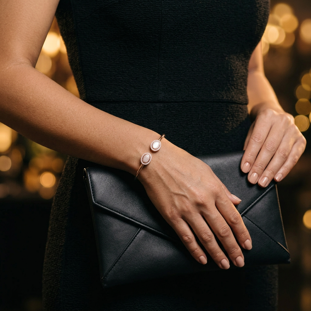 Aura Rose Dual Eclipse bracelet worn with a black dress and clutch