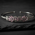 Blush Bloom Cuff 925 sterling silver bangle bracelet with blush pink marquise zirconia floral cluster, flat lay on dark slate