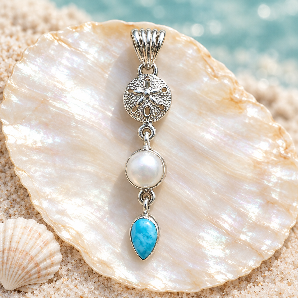 CHAKORE 925 sterling silver pendant with a genuine freshwater pearl, sand dollar motif and blue teardrop, displayed on a shell.