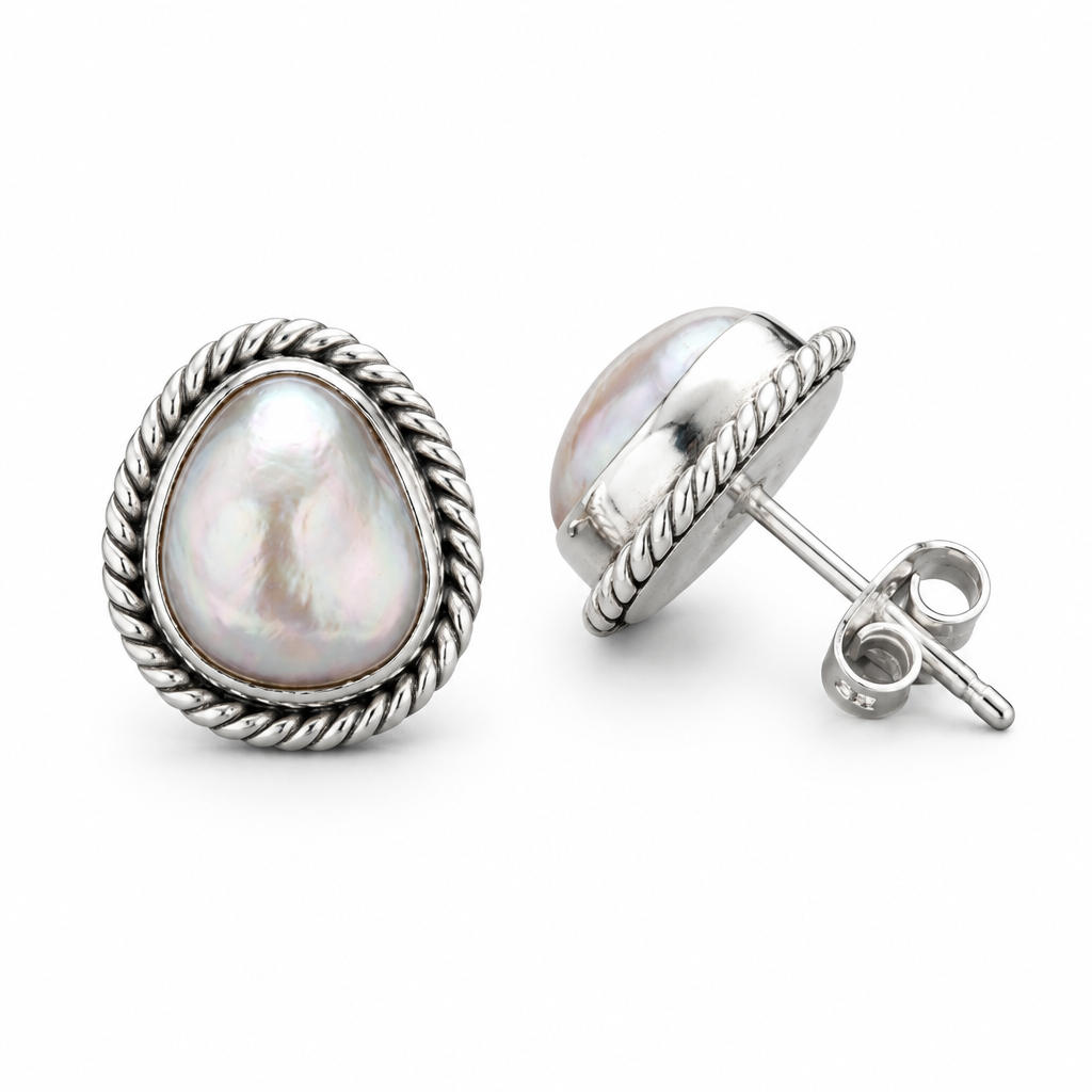 Front and side views of CHAKORE 925 sterling silver freshwater pearl studs showing rope borders and butterfly backs