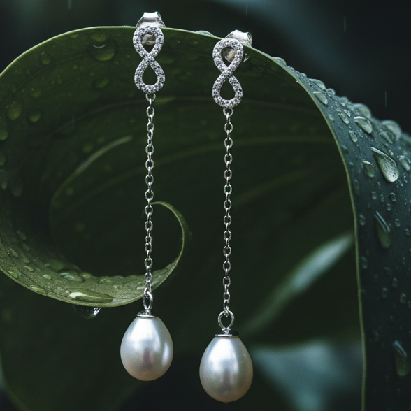 CHAKORE 925 sterling silver infinity earrings with genuine freshwater pearl drops, hanging from a curled green leaf covered in raindrops.
