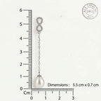 CHAKORE 925 sterling silver infinity freshwater pearl earring beside a centimetre ruler on white, labelled 5.5 cm by 0.7 cm