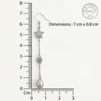 CHAKORE 925 sterling silver star freshwater pearl drop earring beside a ruler, showing dimensions of 7 cm by 0.8 cm.