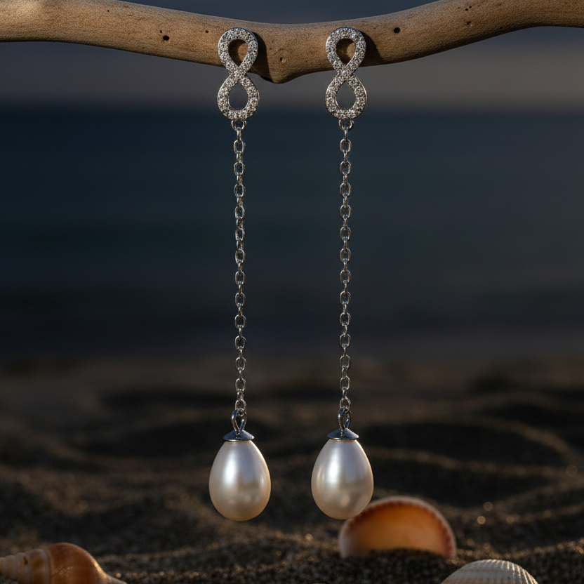 CHAKORE anti-tarnish 925 sterling silver infinity freshwater pearl earrings hanging from driftwood above dark sand and shells, with blue water behind.