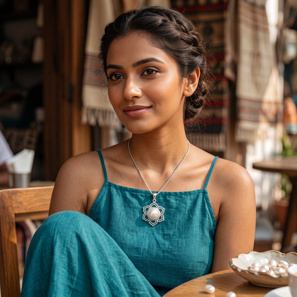 Model wearing CHAKORE anti-tarnish 925 sterling silver lotus freshwater pearl pendant with a teal dress.