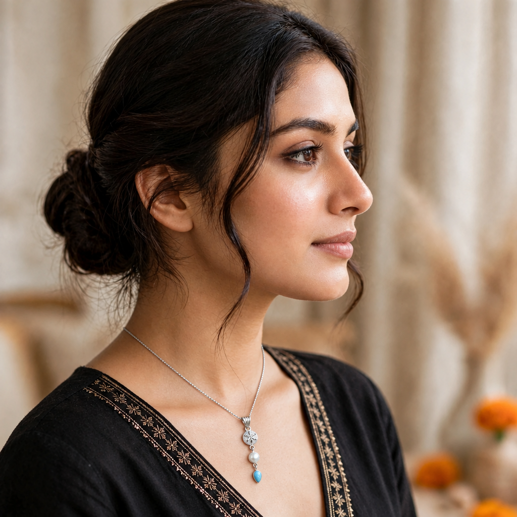 Model wearing CHAKORE anti-tarnish 925 sterling silver freshwater pearl and blue teardrop pendant with a black kurta.